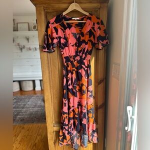 Abel the Label Women's Pink & Orange Floral Dress - Smocked Waist XS